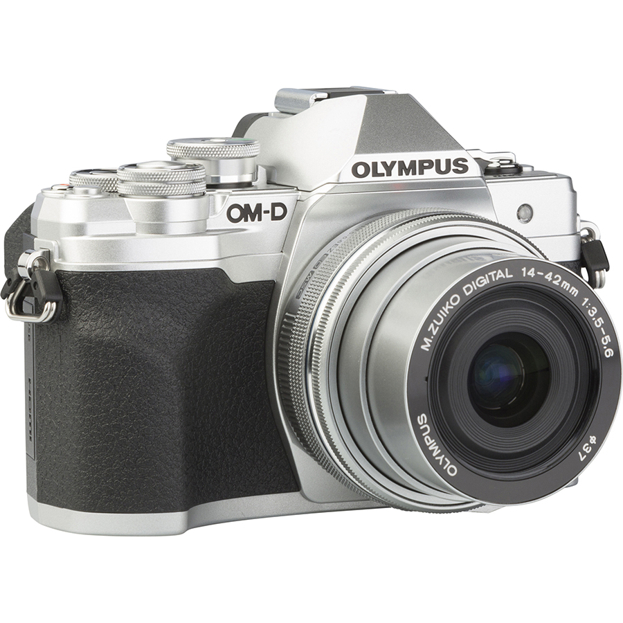Olympus OM-D E-M10 Mark IV + M. Zuiko Digital 14-42 mm EZ ED MSC - Vue de 3/4 vers la droite