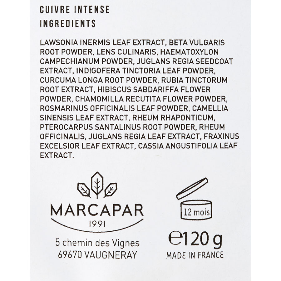 Marcapar  - Liste des ingrédients de la couleur cuivre intense