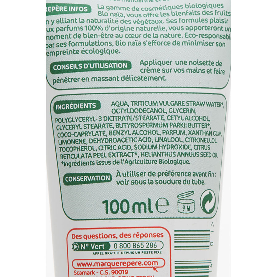 Bio Naïa (Marque Repère) Crème mains peaux sèches et abîmées - Composition