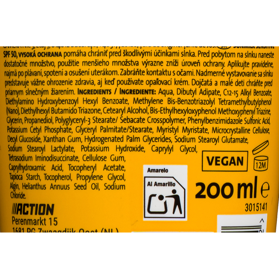 Zenova (Action) Sun milk sensitive 50 - Liste des ingrédients
