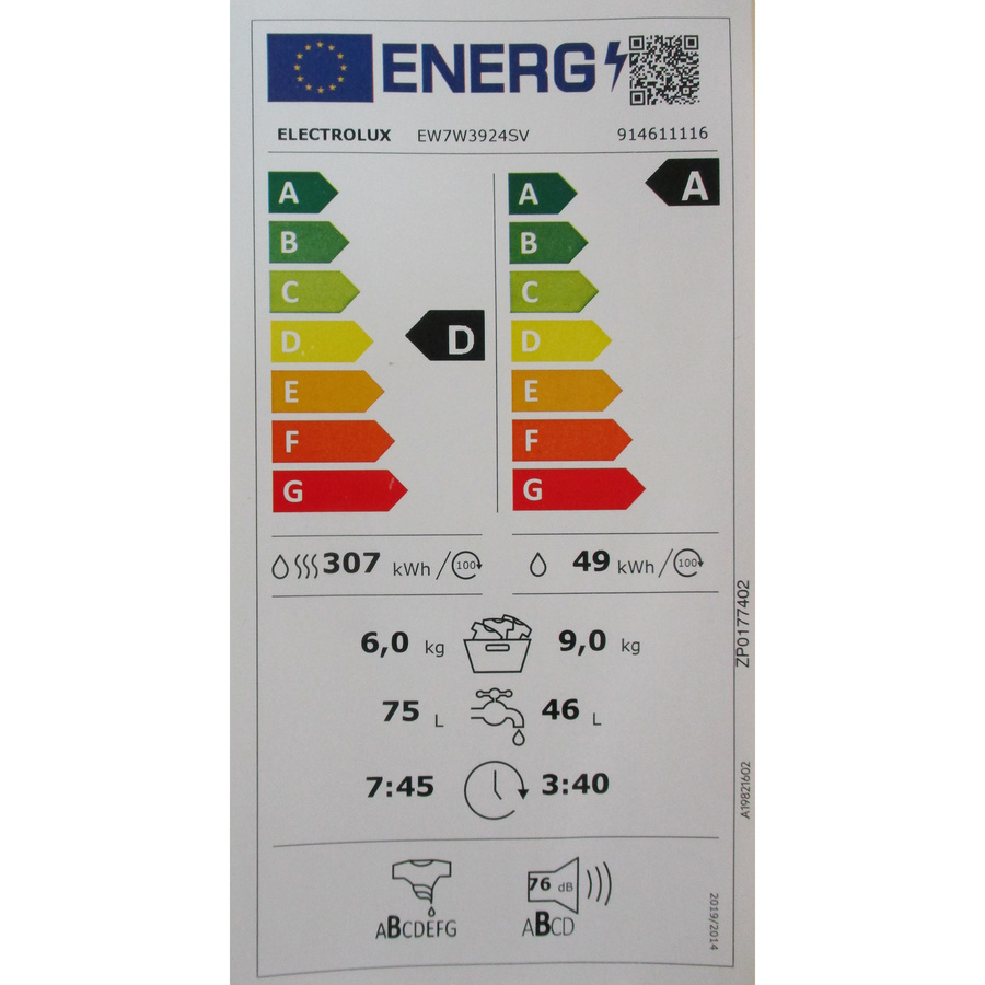 Electrolux EW7W3924SV - Étiquette énergie