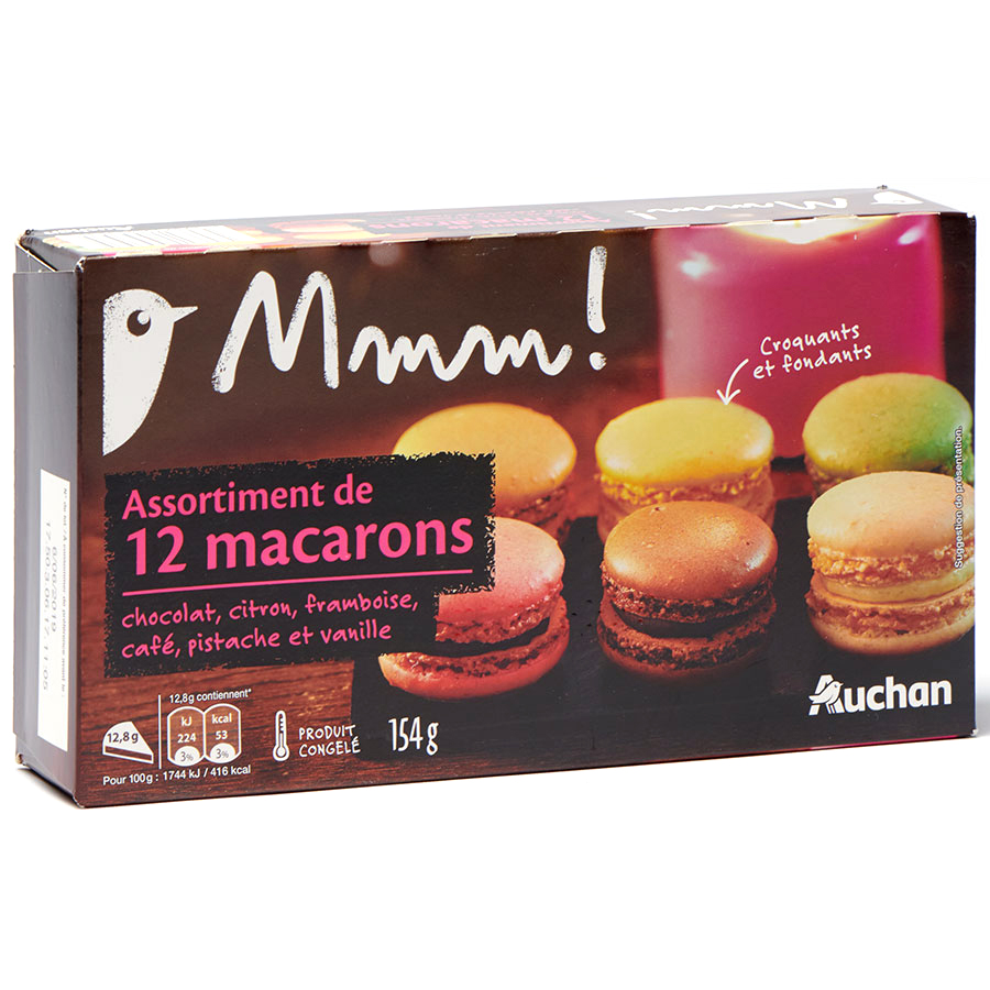 Auchan Mmm Assortiment de 12 macarons (chocolat, citron, framboise, pistache…) - 