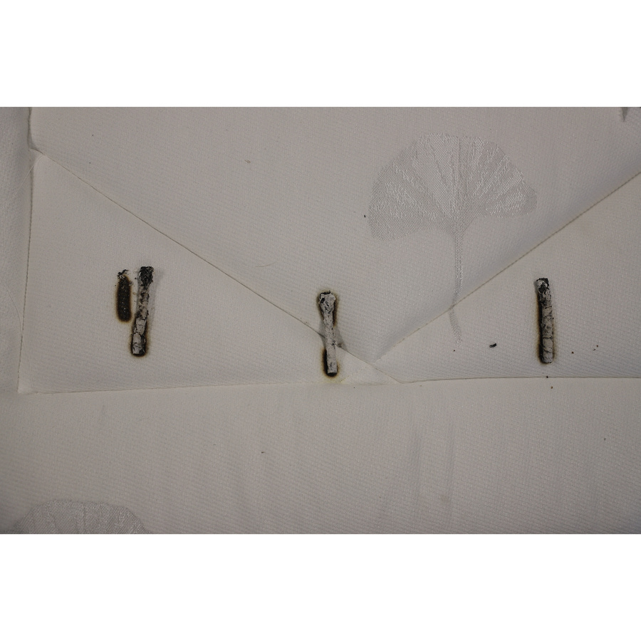 Epeda Nereide - Test d'inflammabilité : trois cigarettes sont allumées et placées sur le matelas