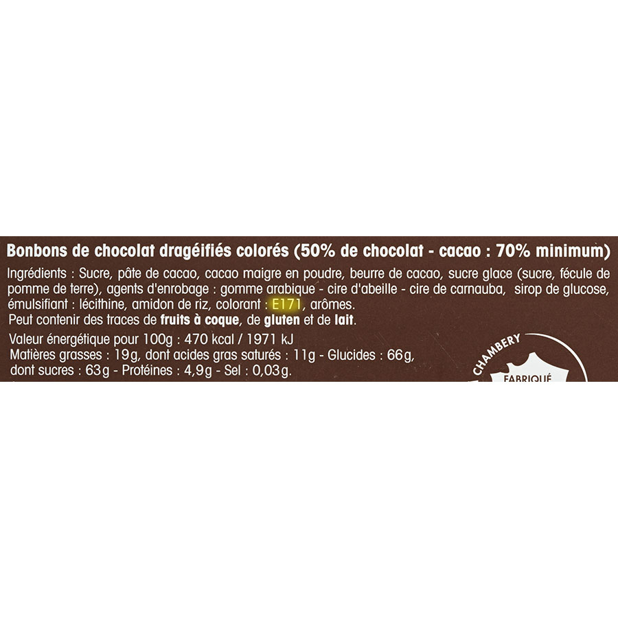 Cémoi Dragées au chocolat noir 70% cacao - Cible de l'analyse surlignée dans la liste des ingrédients