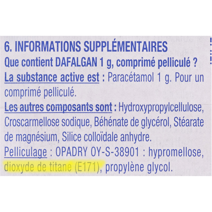 Dafalgan 1 g comprimés pelliculés - Cible de l'analyse surlignée dans la liste des ingrédients