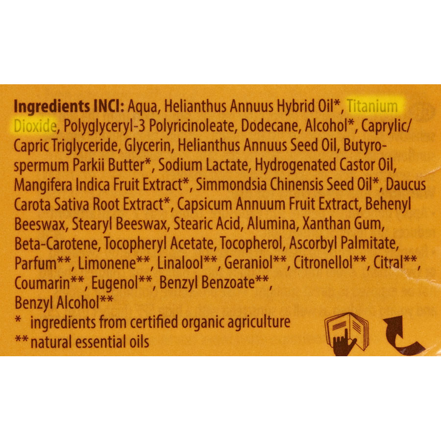 Lavera Crème solaire 100% minérale SPF 30 (bio) - Cible de l'analyse surlignée dans la liste des ingrédients