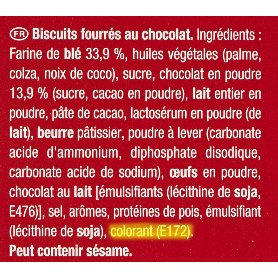 Lu Kango, biscuits fourrés au chocolat - Cible de l'analyse surlignée dans la liste des ingrédients