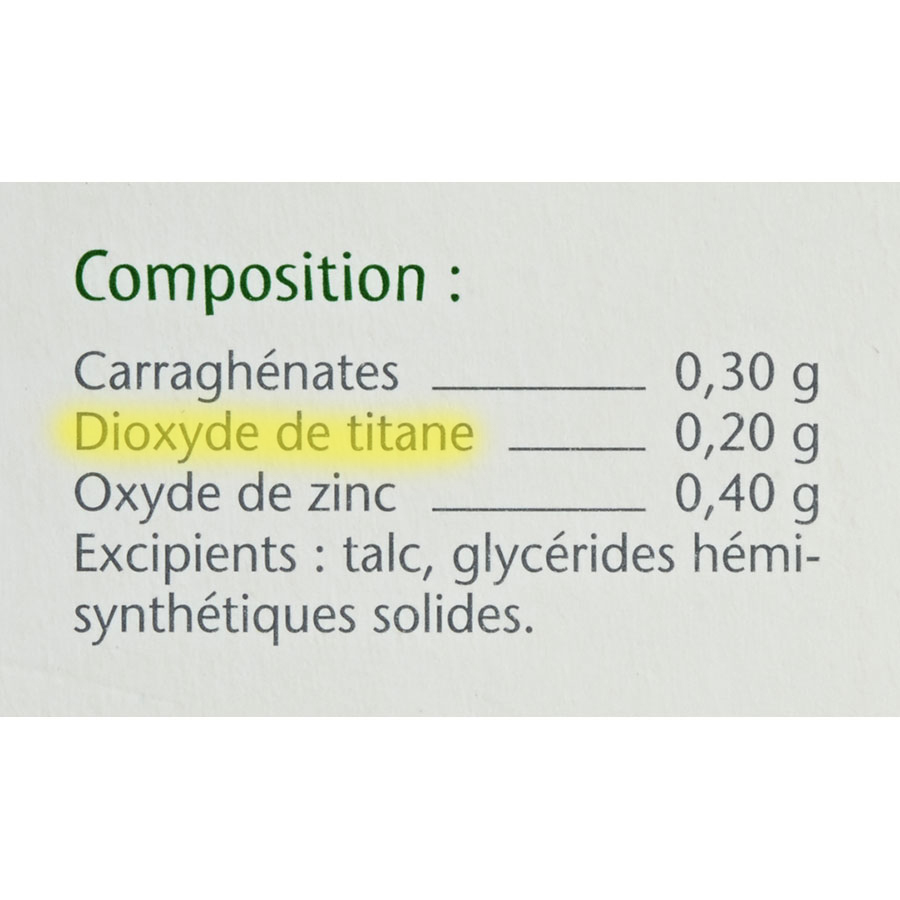 Titanoréïne Suppositoires - Cible de l'analyse surlignée dans la liste des ingrédients