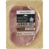 Monoprix Jambon cuit, conservation grâce à des ingrédients d’origine végétale et ferments