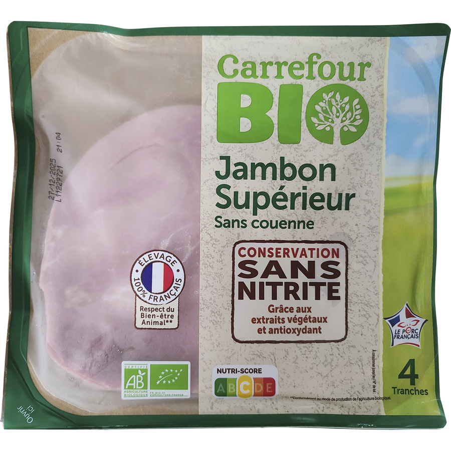 Carrefour Bio Jambon supérieur, conservation sans nitrite