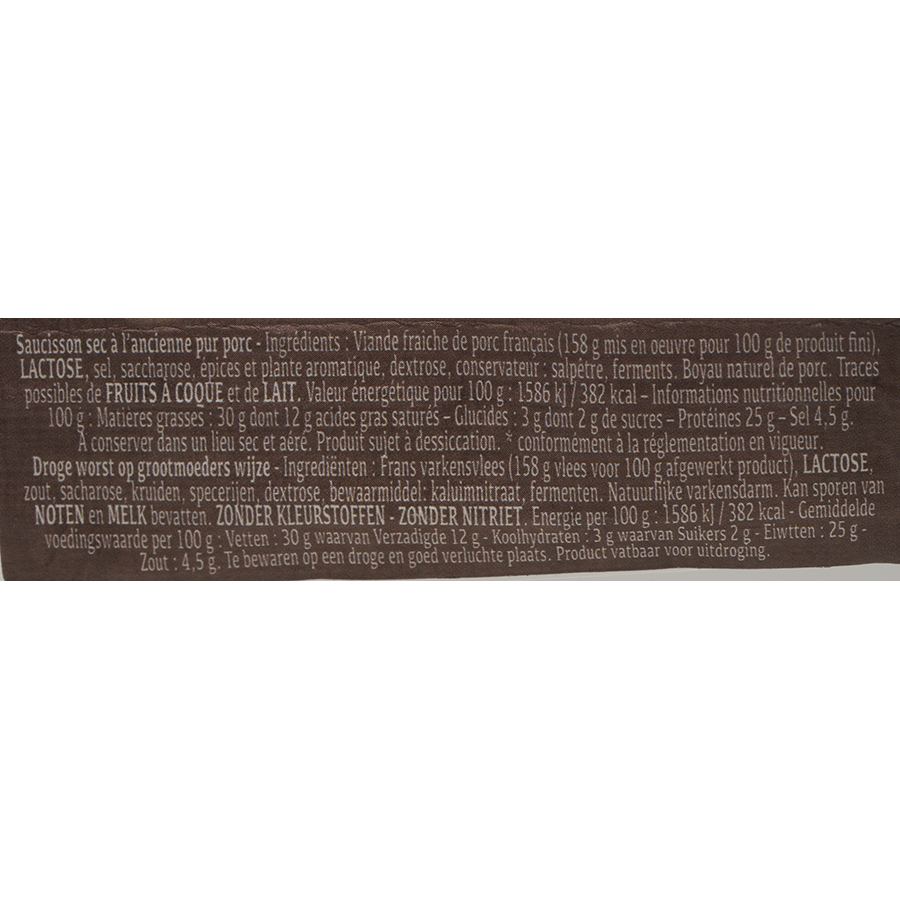 Henri Raffin Saucisson sec à l'ancienne - Nature - 100 % ingrédients naturels - sans nitrite ajouté - Liste des ingrédients
