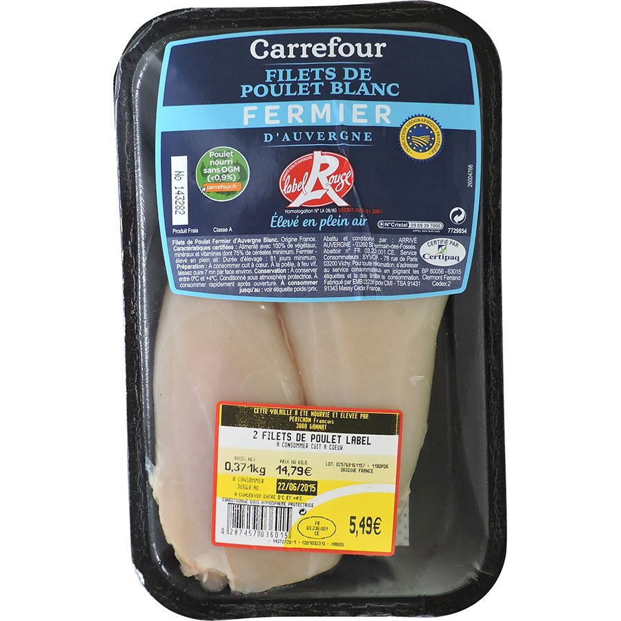Carrefour - Filets de poulet blanc fermier d'Auvergne, Label rouge 