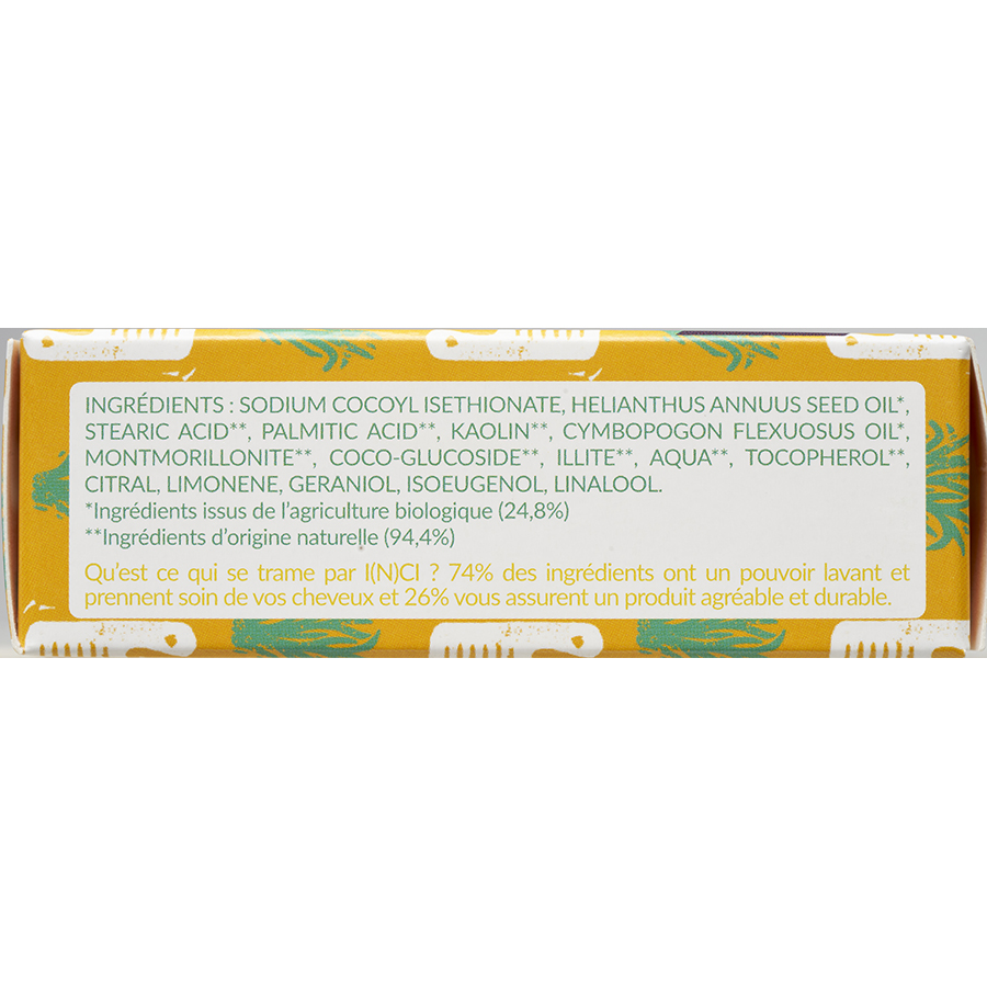 Lamazuna Shampoing solide à l’argile blanche et verte, à l’huile essentielle de lemongrass bio - Liste des ingrédients