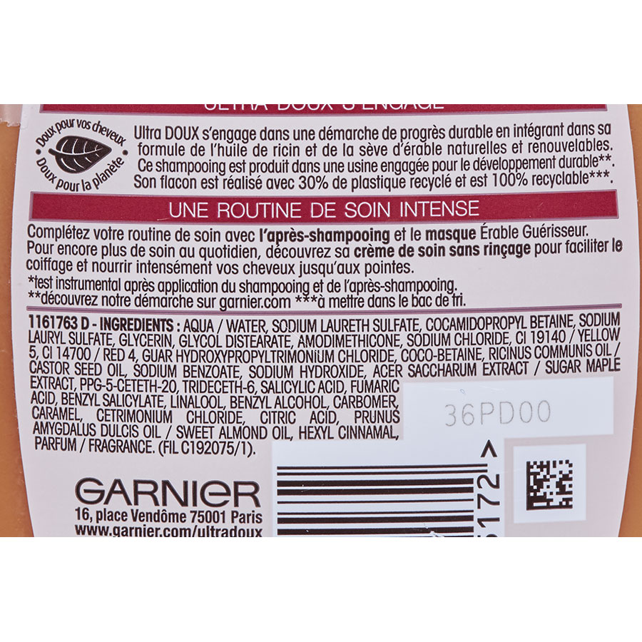 Garnier Ultra doux érable guérisseur - Shampooing réparation intense - Liste d'ingrédients