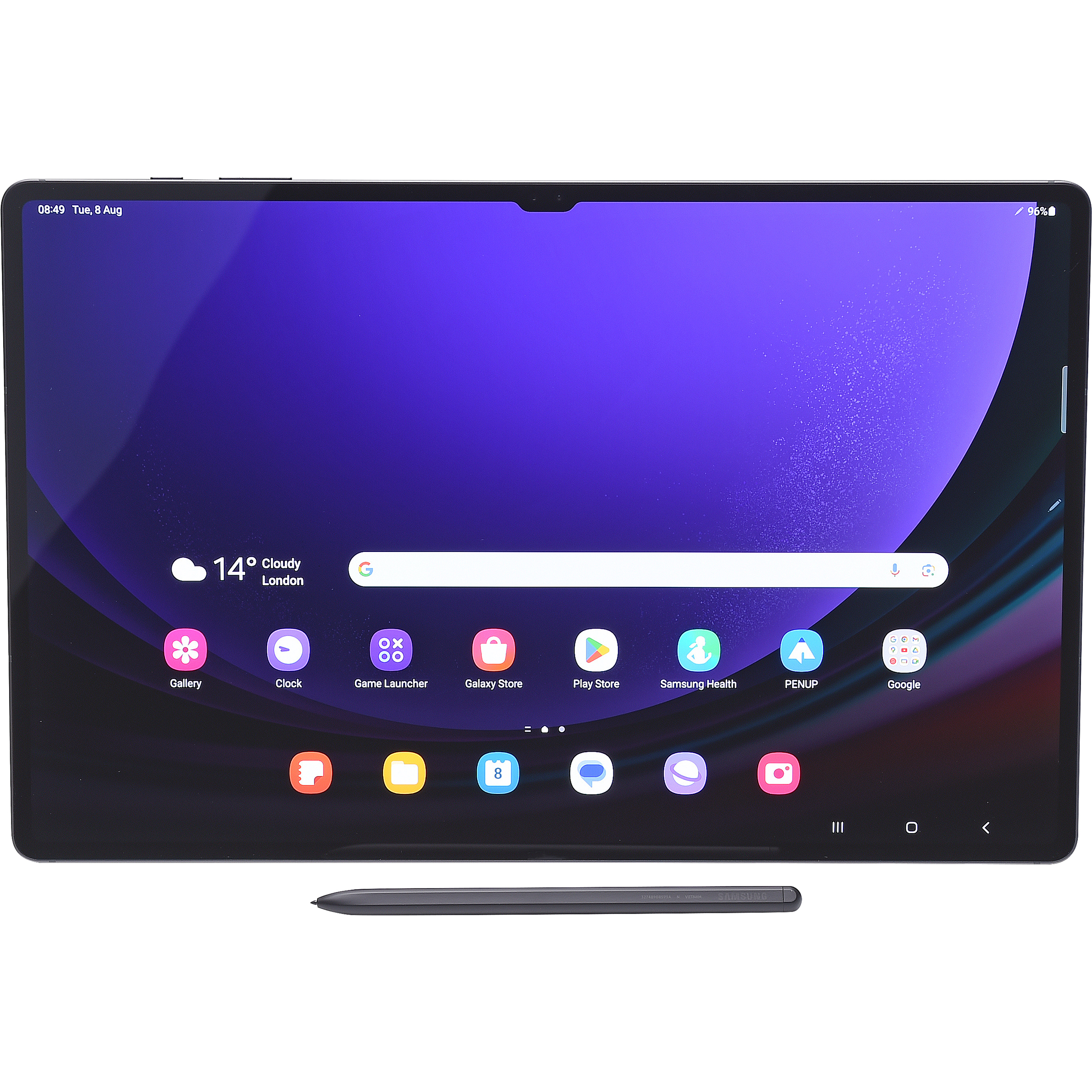 Samsung Galaxy Tab S9 Ultra - Vue à l'horizontale avec le stylet fourni