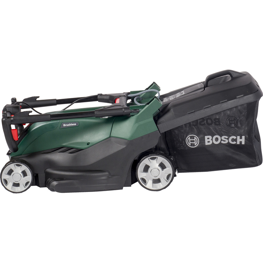 Bosch Advanced Rotak 36V 44-750 - Vue pliée avec le bac de ramassage