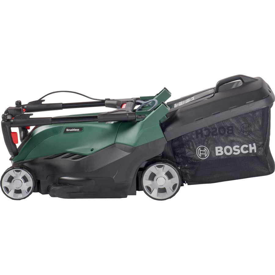 Bosch AdvancedRotak 36V-40-650 - Vue pliée avec le bac de ramassage