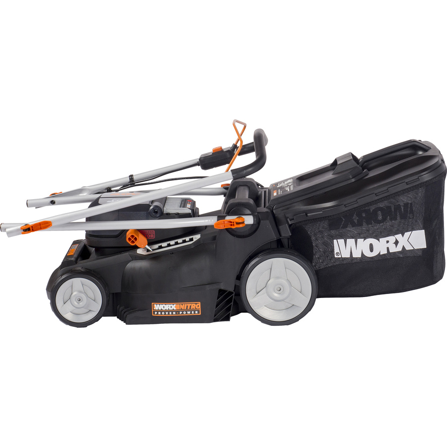 Worx WG737E - Vue pliée avec le bac de ramassage
