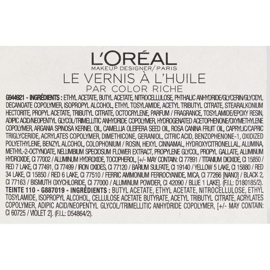 L’Oréal Le vernis à l’huile 550 - Liste des ingrédients